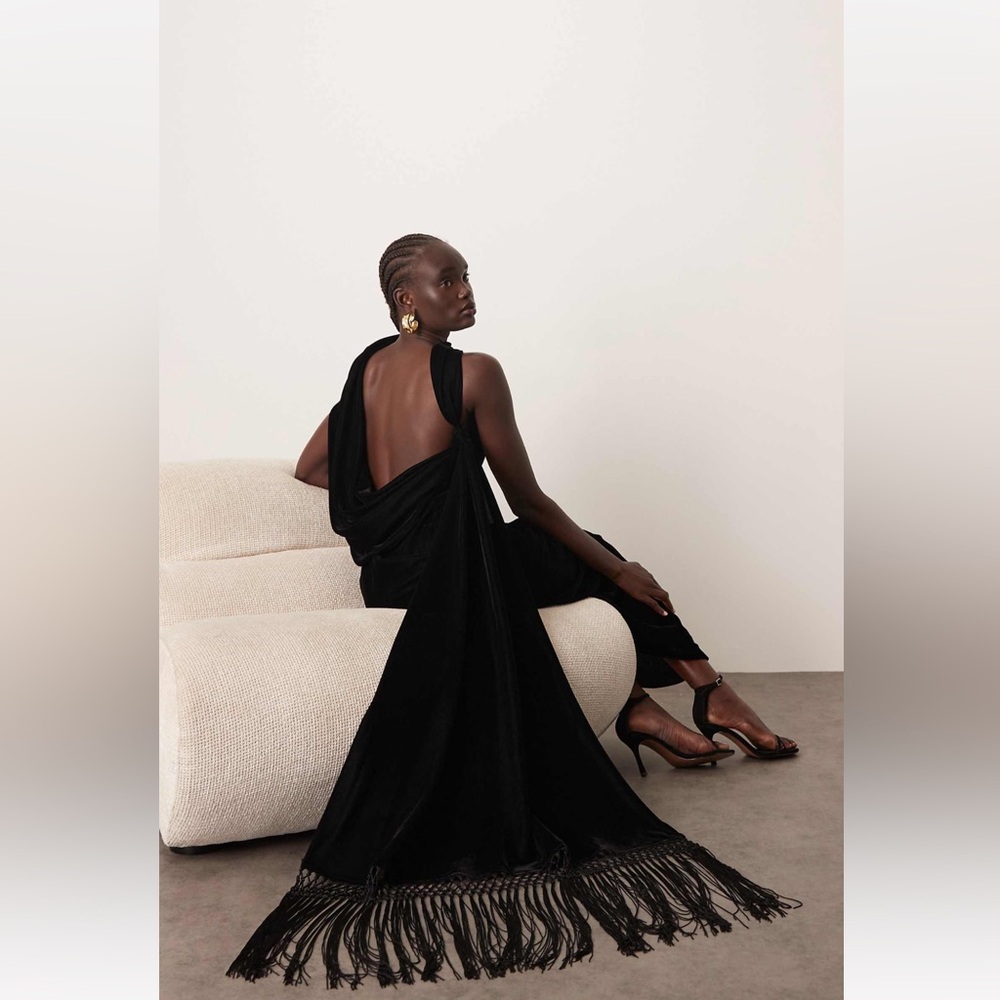 ARRANGE scarf neck draped velvet maxi dress with low back and train in black